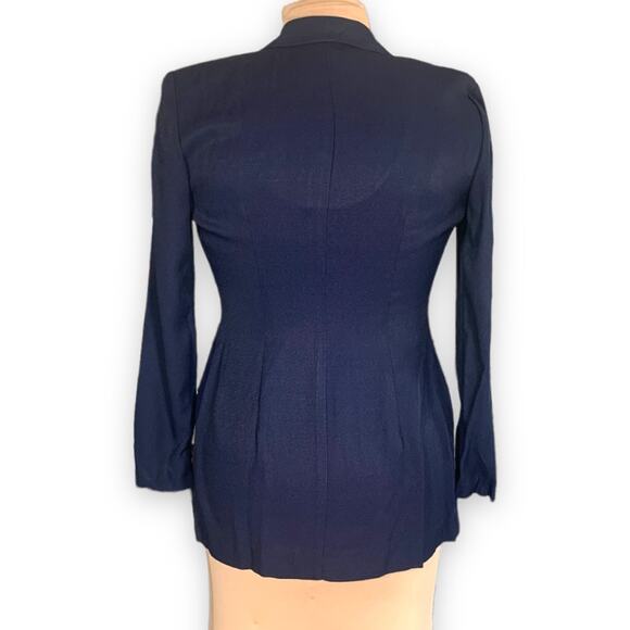 Vintage 90s Petite Navy Blue Blazer Jacket Hourglass Gold Button Asymmetrical 4 - Picture 5 of 10